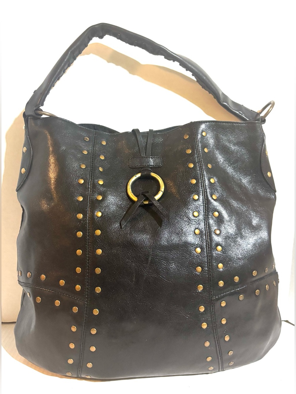 Black Stud-Accent Leather Hobo Bag